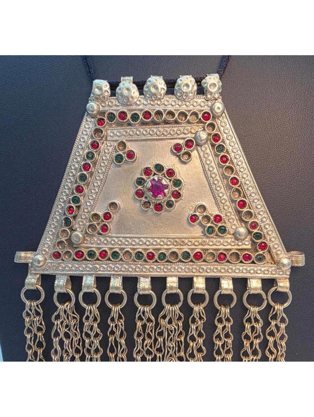 Vintage Afghan Silver Pendant Necklace w Bells 138g Tribal Jewelry